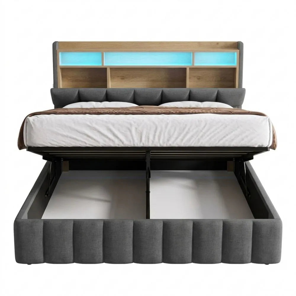 Komfortables Polsterbett 140 x 200 cm mit LED und Stauraum