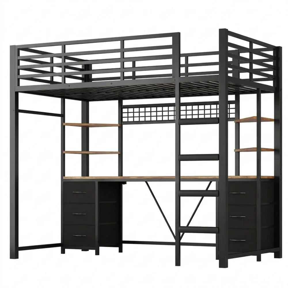 Platzsparendes Hochbett mit Schreibtisch und Stauraum, Metallleiter, Schwarz