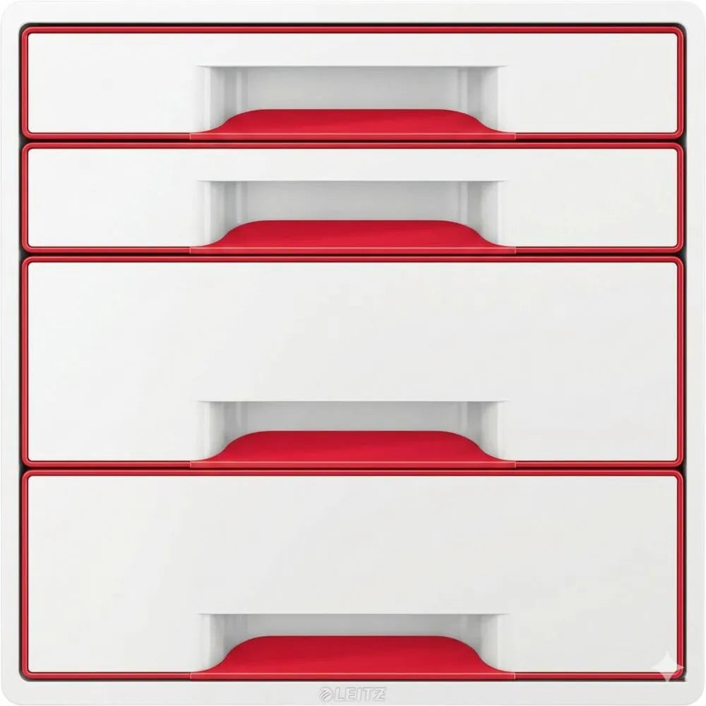 Schubladenbox mit 4 Fächern für Büro und Home Office, Weiß/Rot