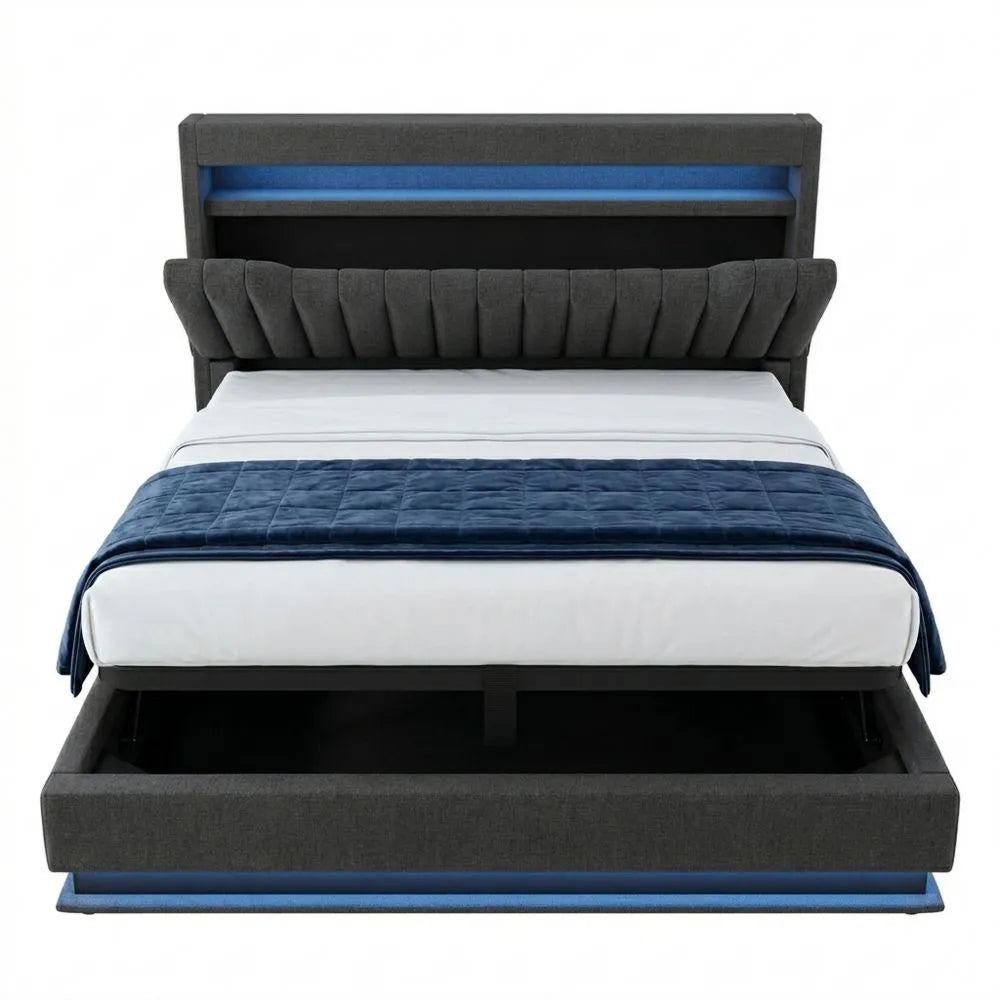 Gepolstertes Doppelbett mit Stauraum und USB-Ladefunktion, 180x200 cm, LED, Leinen, Grau