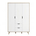 Moderner Kleiderschrank mit Schubladen und Drehtüren, skandinavisches Design, 3-türig, Eiche/Weiß