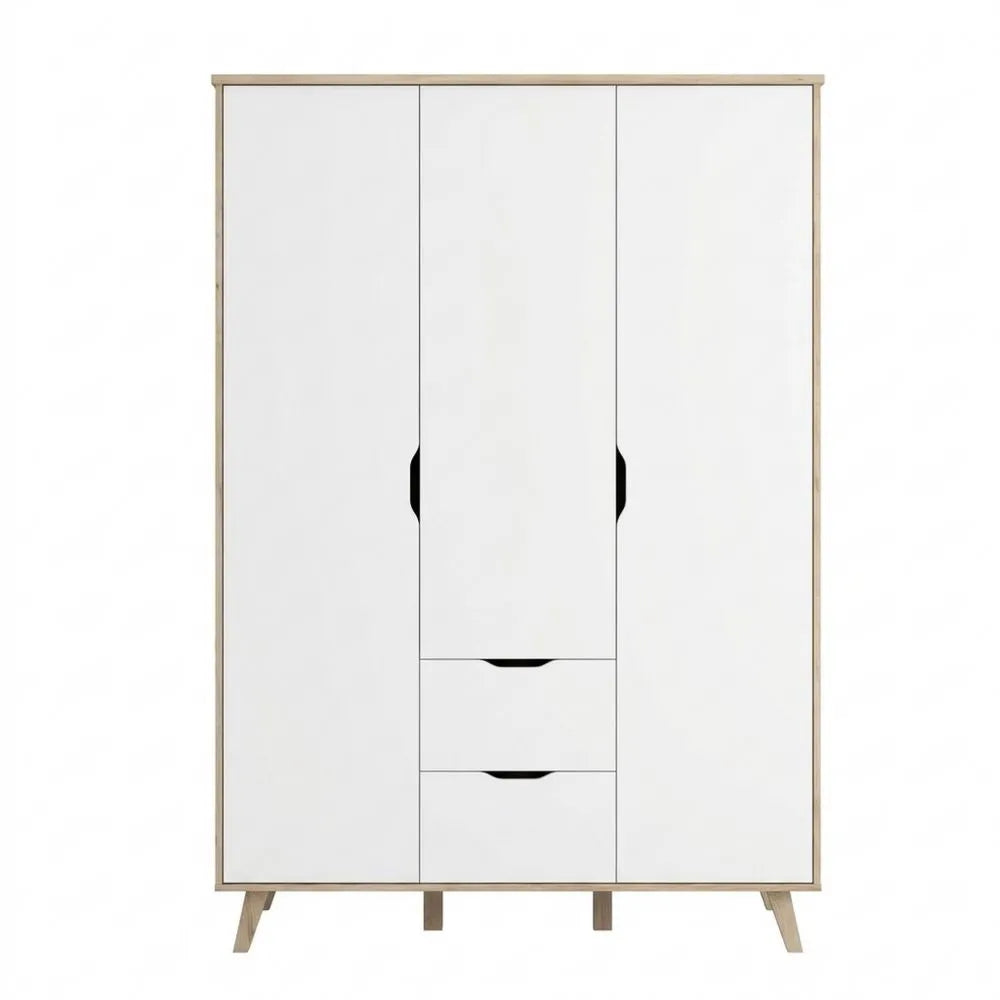 Moderner Kleiderschrank mit Schubladen und Drehtüren, skandinavisches Design, 3-türig, Eiche/Weiß