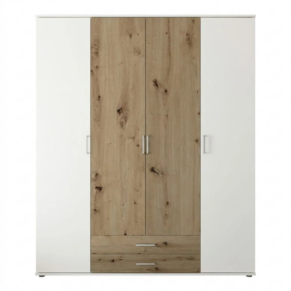 Vielseitiger Kleiderschrank in Weiß und Eicheoptik, 4-türig, 160 x 196 x 54 cm