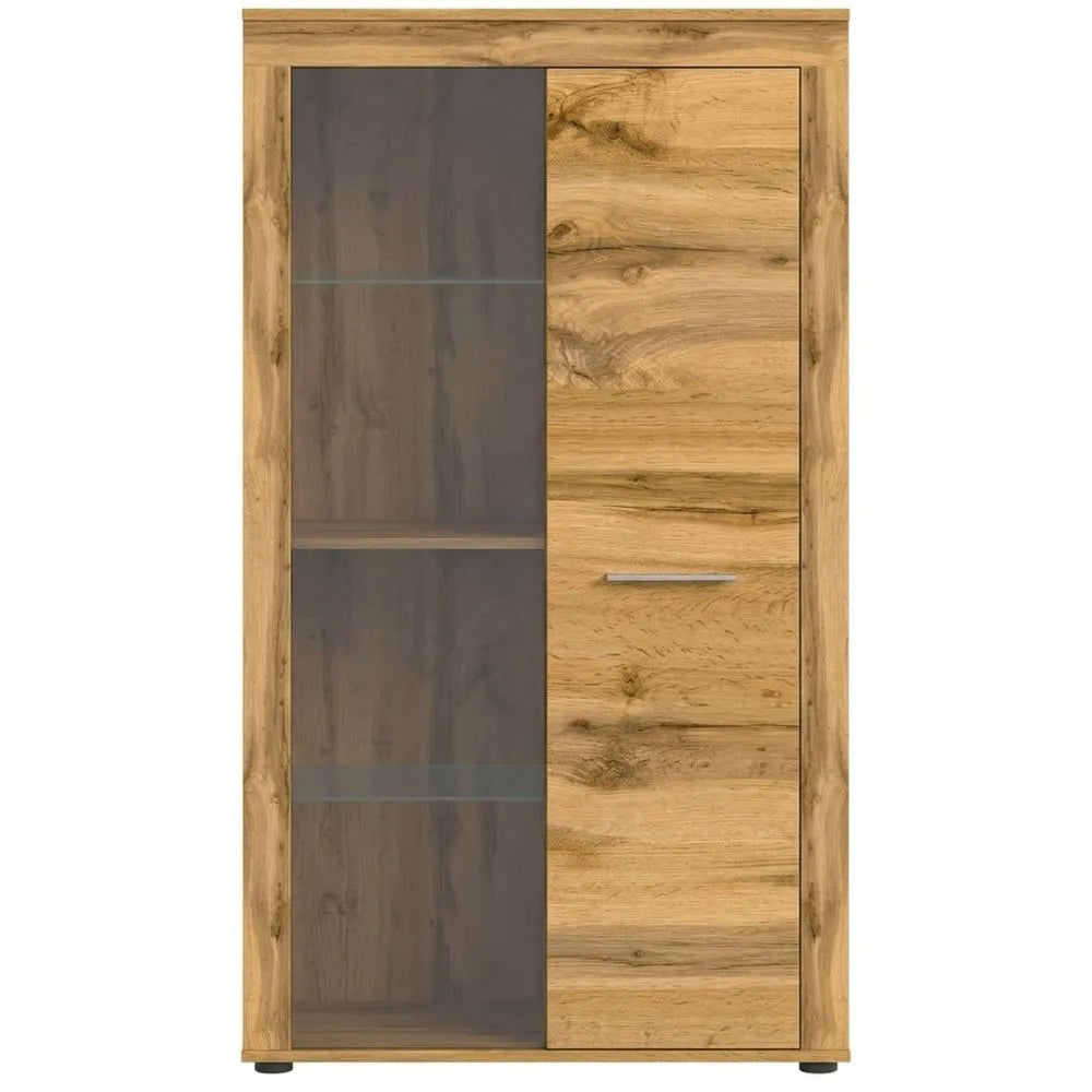 Glasvitrine für Wohnzimmer, Dekoschrank mit Stauraum, Wotan Eiche, 60x159x35 cm