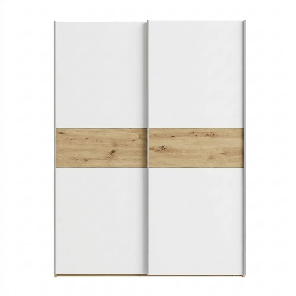 Moderner Schwebetürenschrank mit Einlegeböden und Kleiderstange, Weiß/Eiche, 120x190,5x61 cm