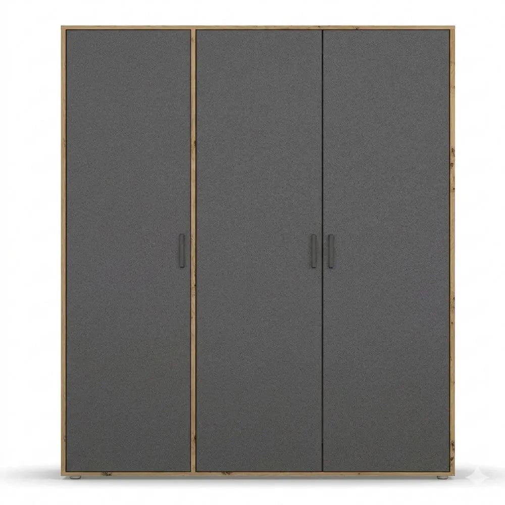 Drehtürenschrank mit Zubehör, 3-türig, Grau Metallic/Schwarz/Eiche, 140cm